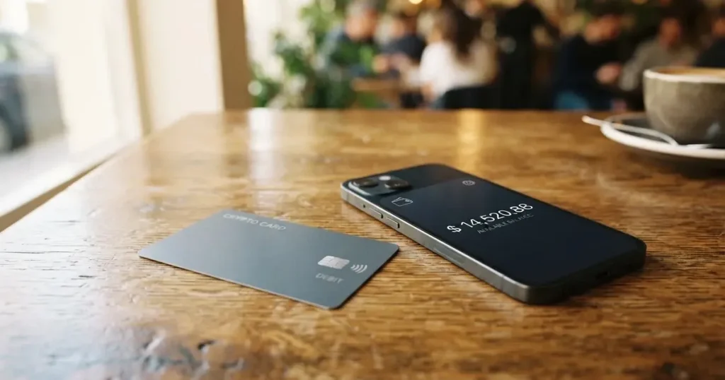 A payment card next to a phone with a crypto wallet app open