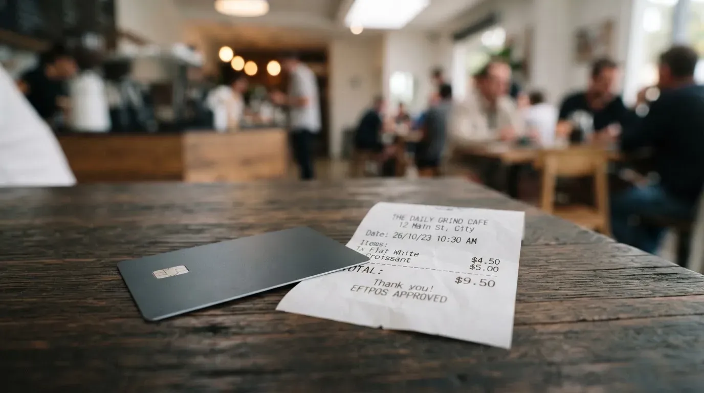 A receipt and a card on a café table