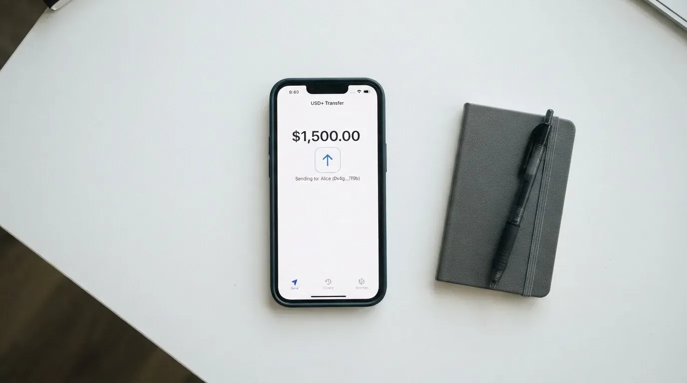 A phone showing a stablecoin transfer screen
