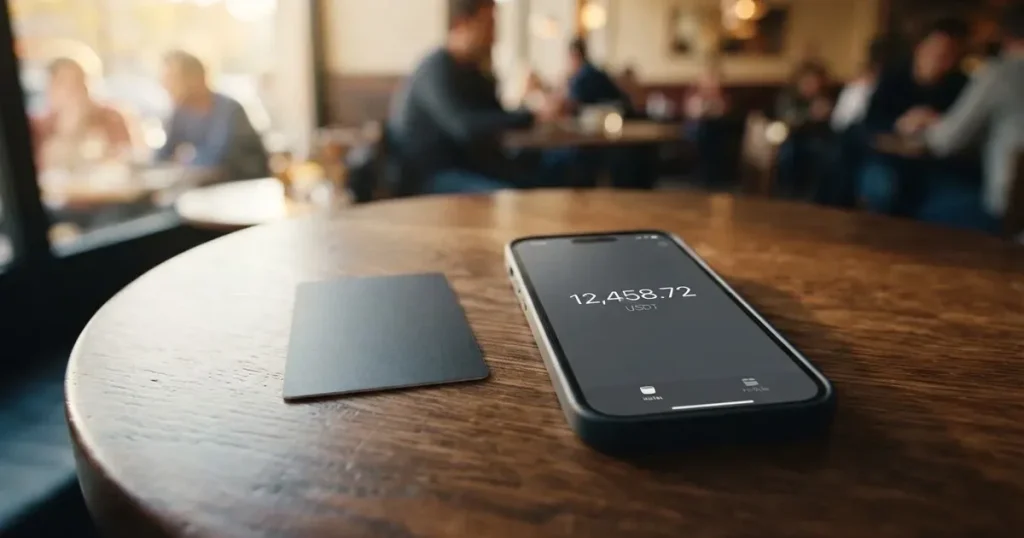 A payment card next to a phone with a crypto wallet app open