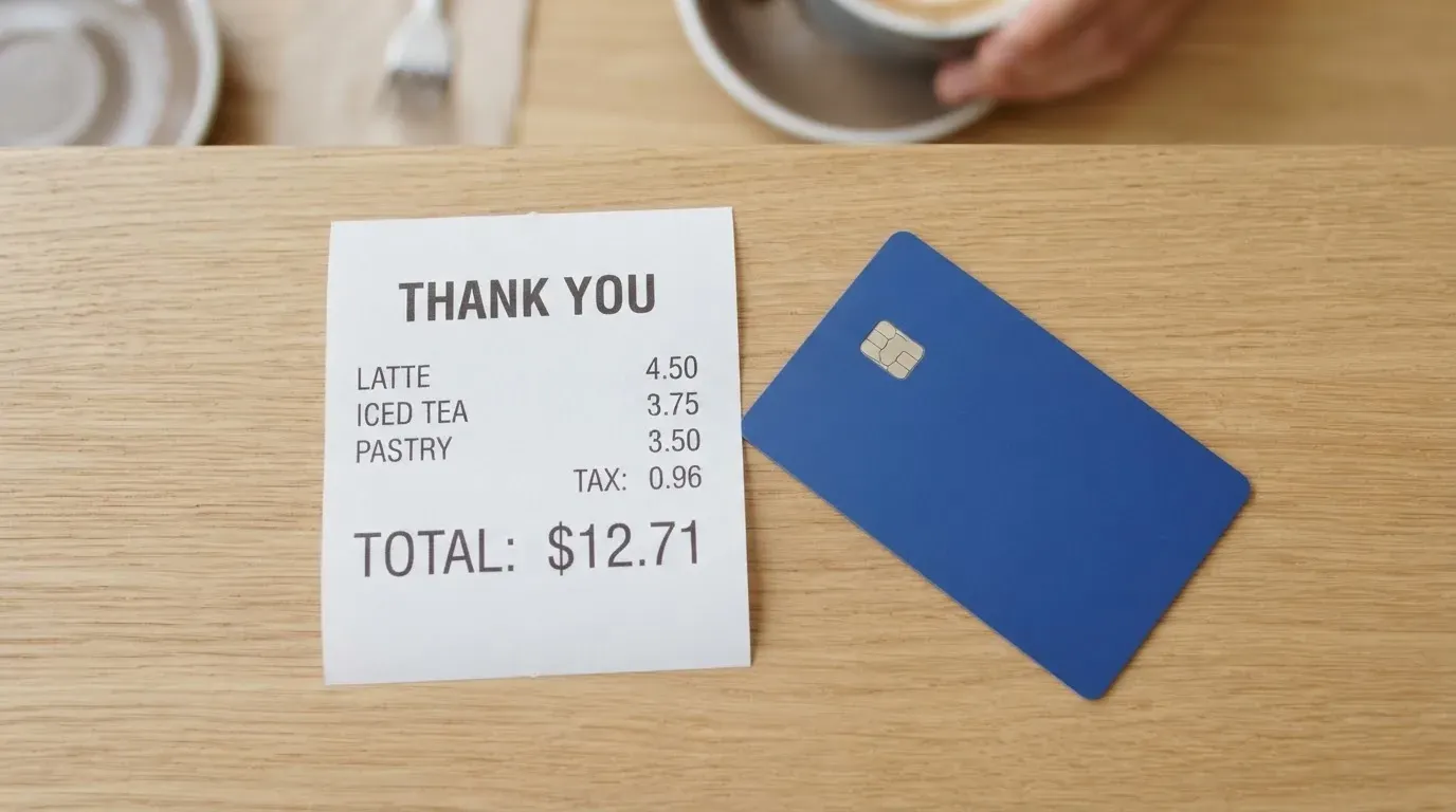 A receipt and a card on a café table