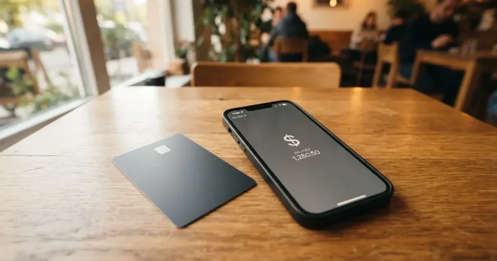 A payment card next to a phone with a crypto wallet app open