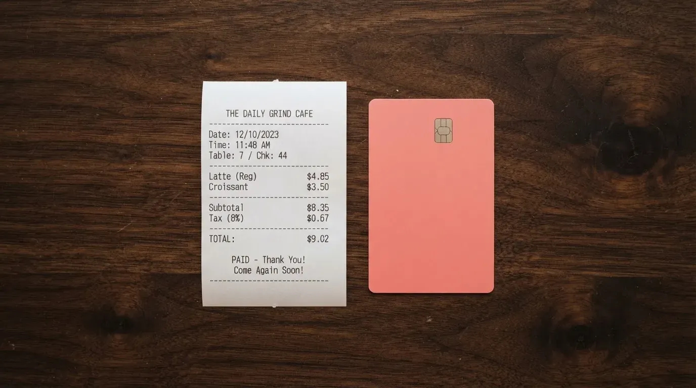 A receipt and a card on a café table