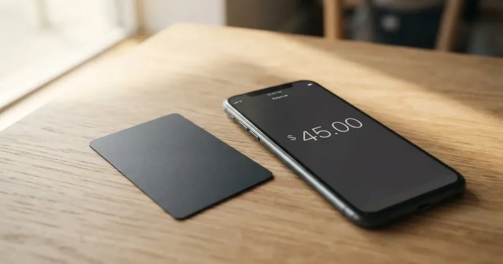 A payment card next to a phone with a crypto wallet app open