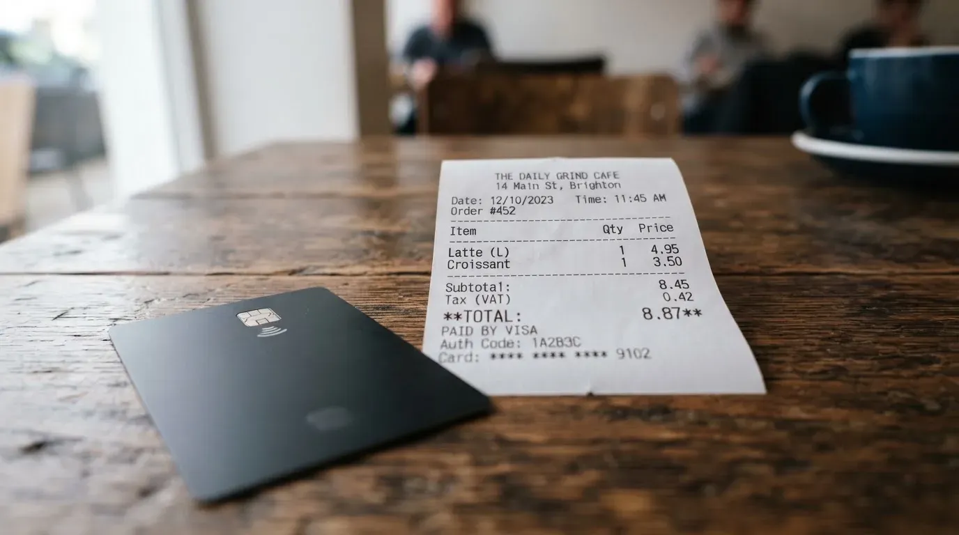 A receipt and a card on a café table