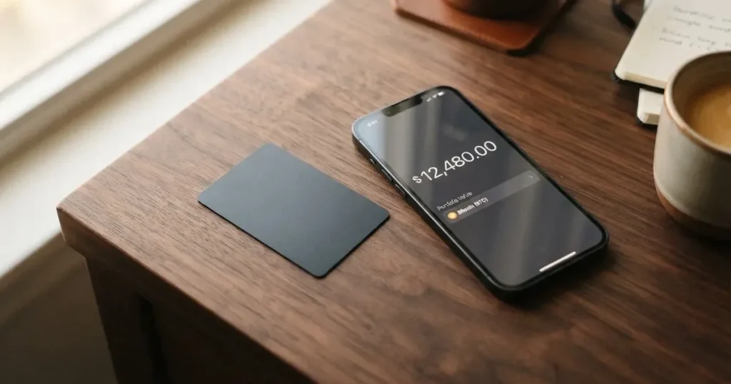 A payment card next to a phone with a crypto wallet app open