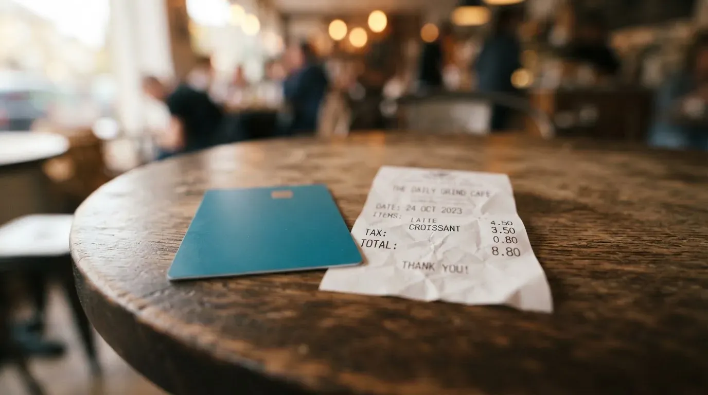 A receipt and a card on a café table