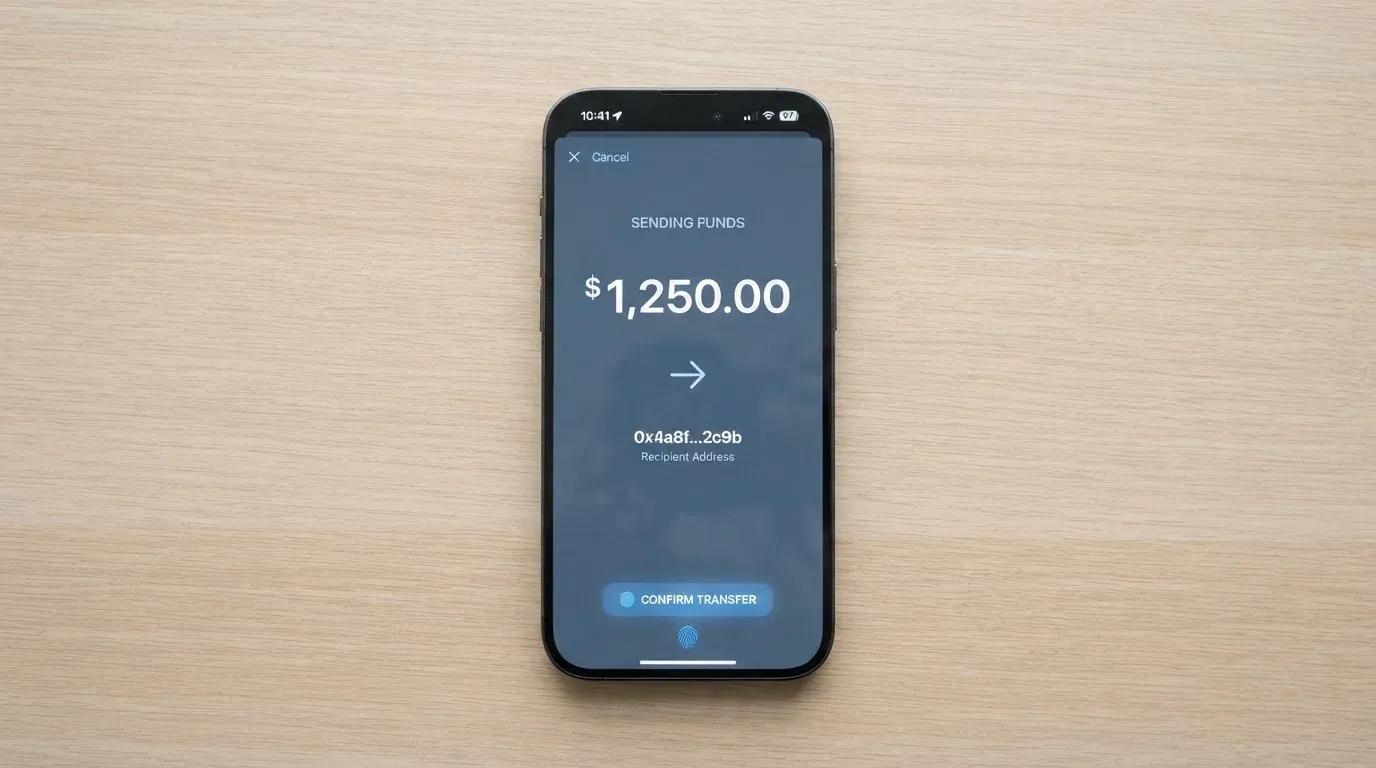 A phone showing a stablecoin transfer screen