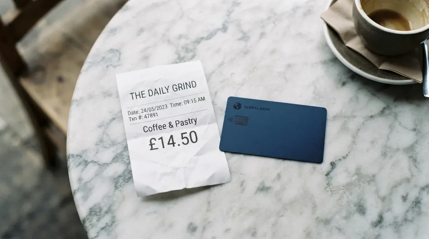 A receipt and a card on a café table