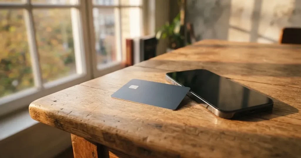 A payment card next to a phone with a crypto wallet app open