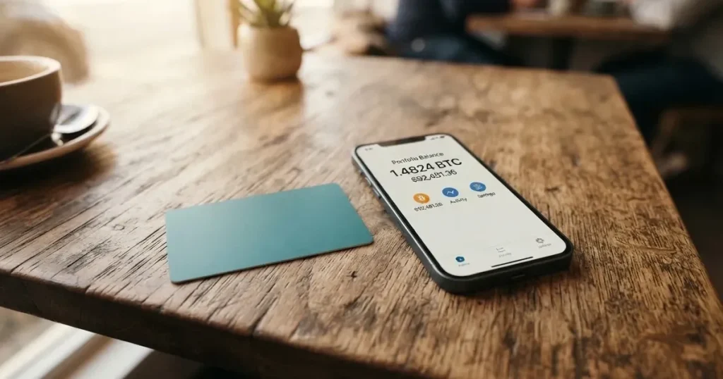 A payment card next to a phone with a crypto wallet app open