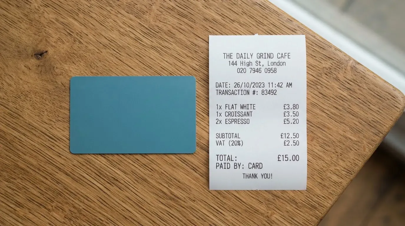 A receipt and a card on a café table