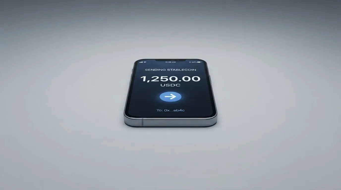 A phone showing a stablecoin transfer screen