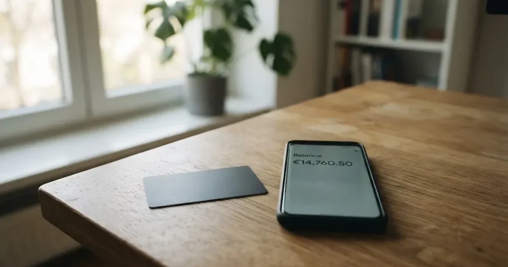 A payment card next to a phone with a crypto wallet app open