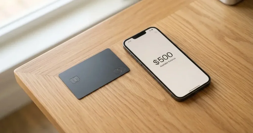 A payment card next to a phone with a crypto wallet app open