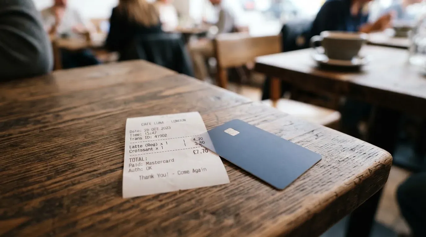 A receipt and a card on a café table