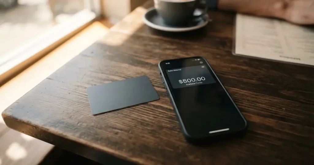 A payment card next to a phone with a crypto wallet app open