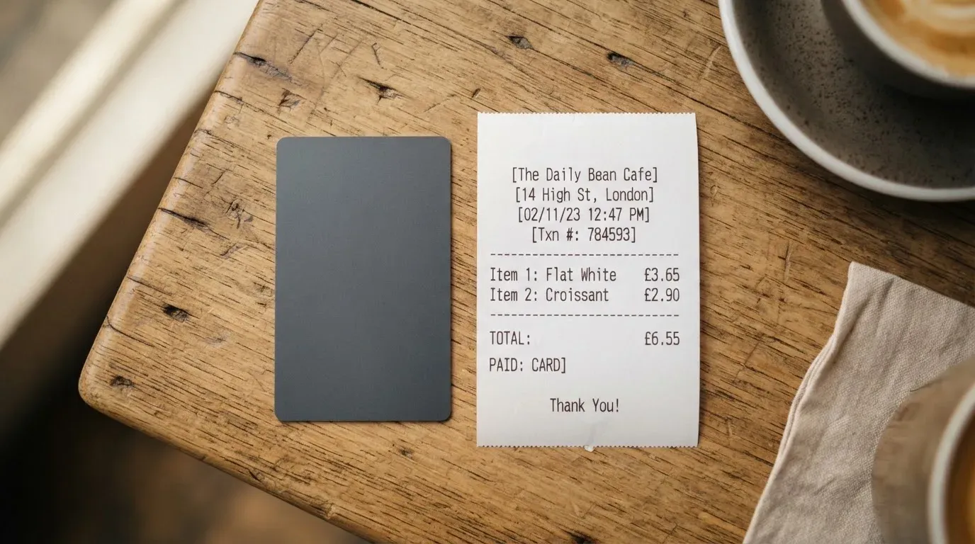 A receipt and a card on a café table