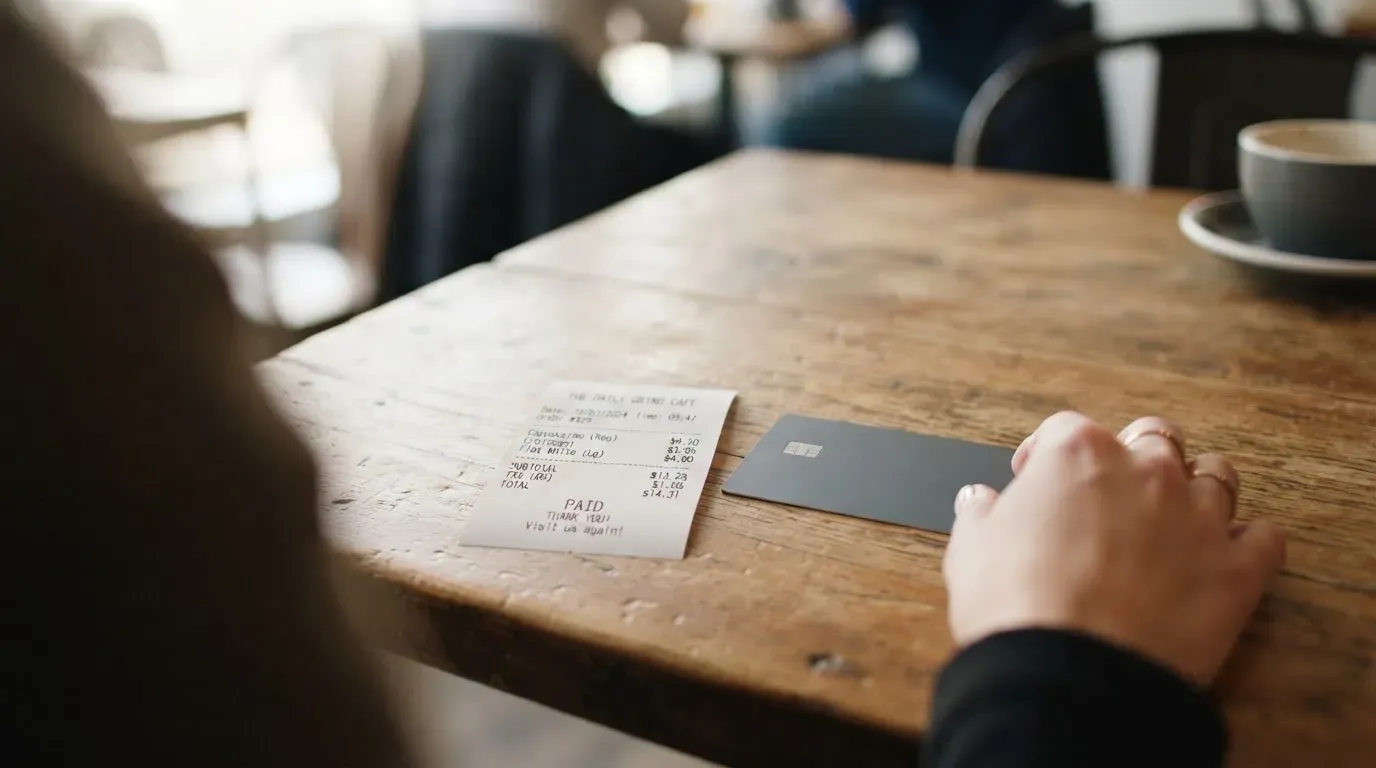 A receipt and a card on a café table