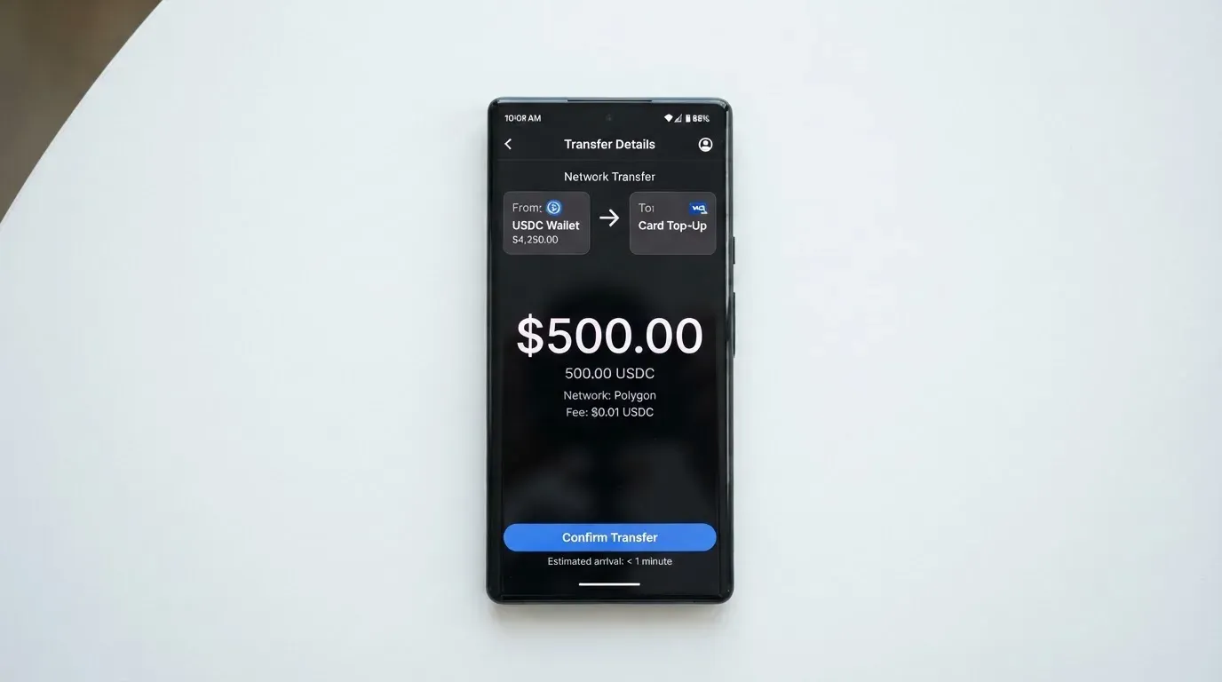 A phone showing a stablecoin transfer screen