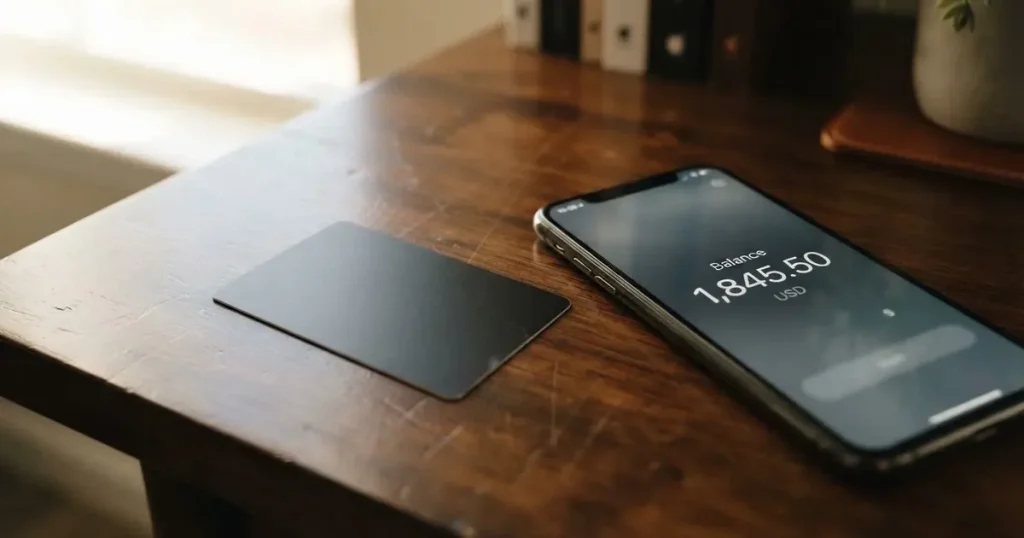 A payment card next to a phone with a crypto wallet app open
