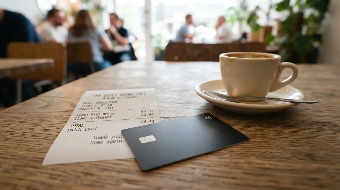 A receipt and a card on a café table