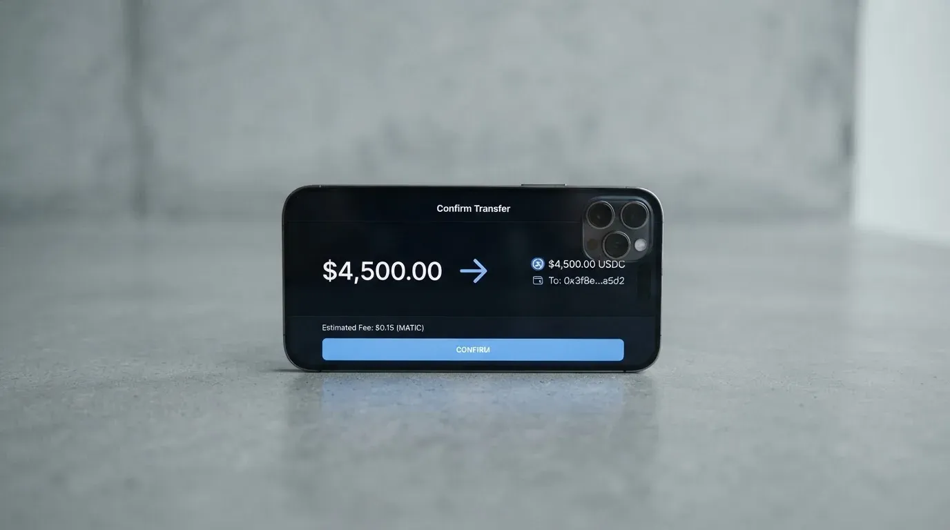 A phone showing a stablecoin transfer screen