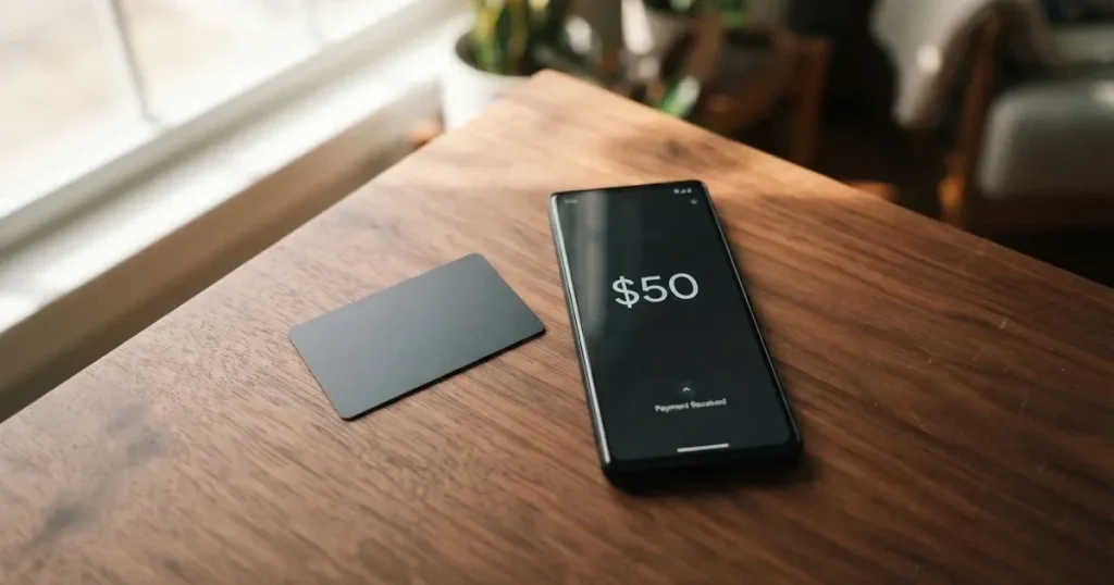 A payment card next to a phone with a crypto wallet app open