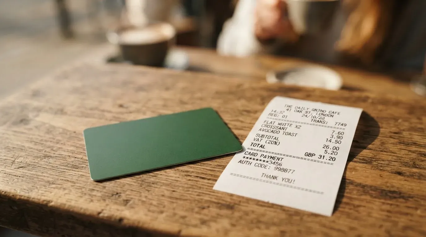 A receipt and a card on a café table