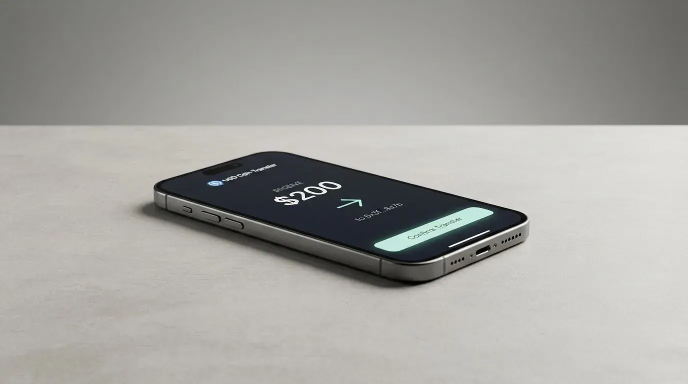 A phone showing a stablecoin transfer screen