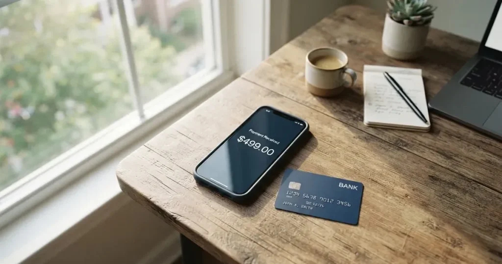 A payment card next to a phone with a crypto wallet app open