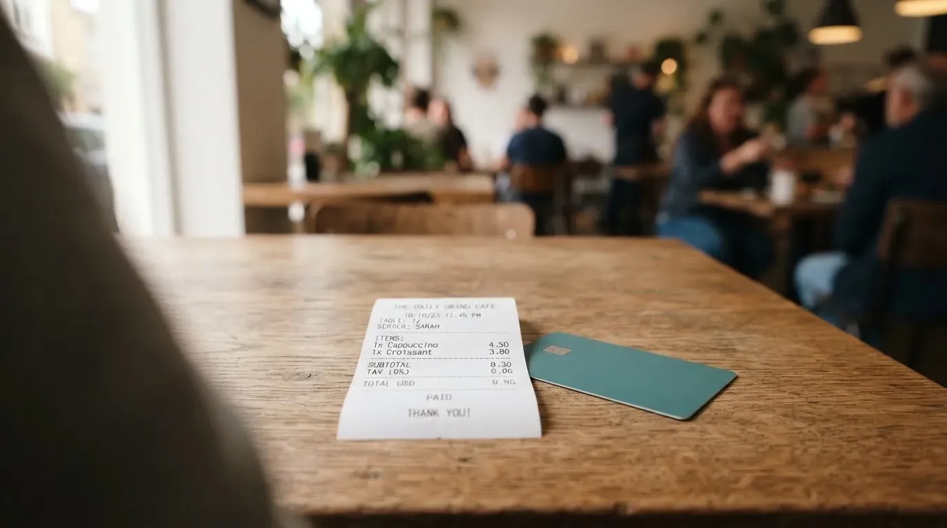 A receipt and a card on a café table
