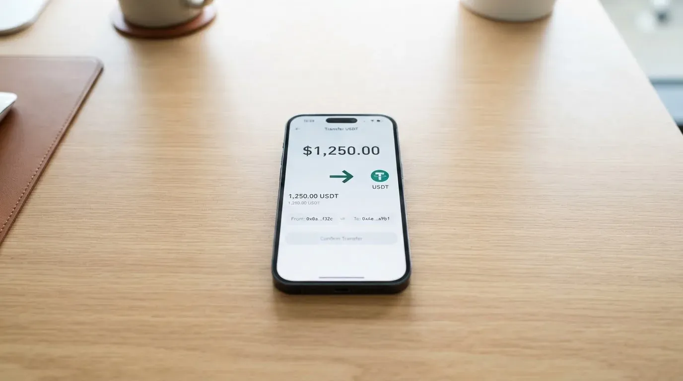 A phone showing a stablecoin transfer screen