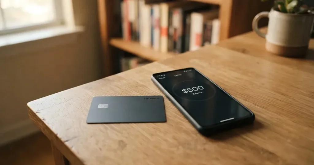 A payment card next to a phone with a crypto wallet app open