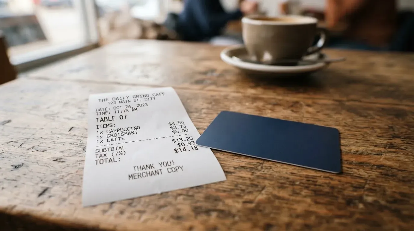 A receipt and a card on a café table