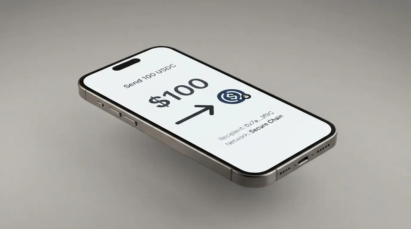 A phone showing a stablecoin transfer screen