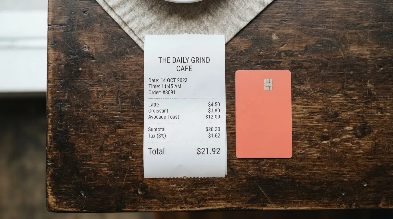 A receipt and a card on a café table