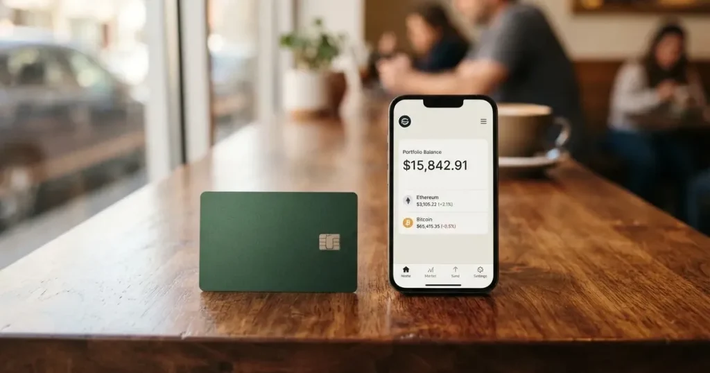 A payment card next to a phone with a crypto wallet app open