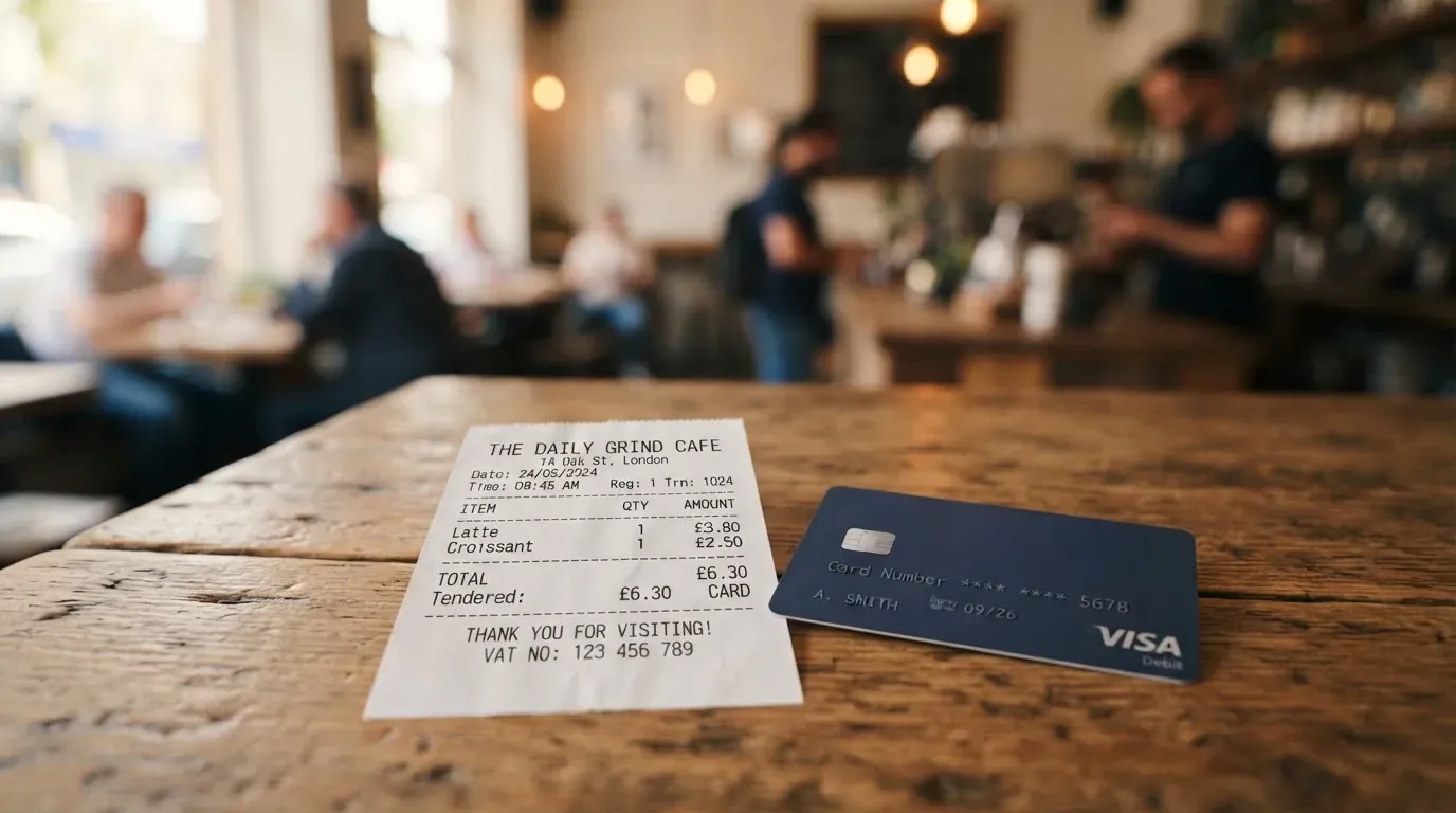 A receipt and a card on a café table