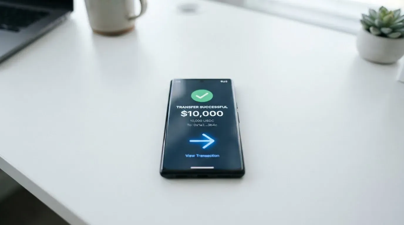 A phone showing a stablecoin transfer screen