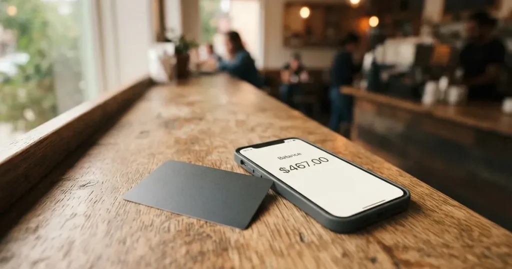 A payment card next to a phone with a crypto wallet app open