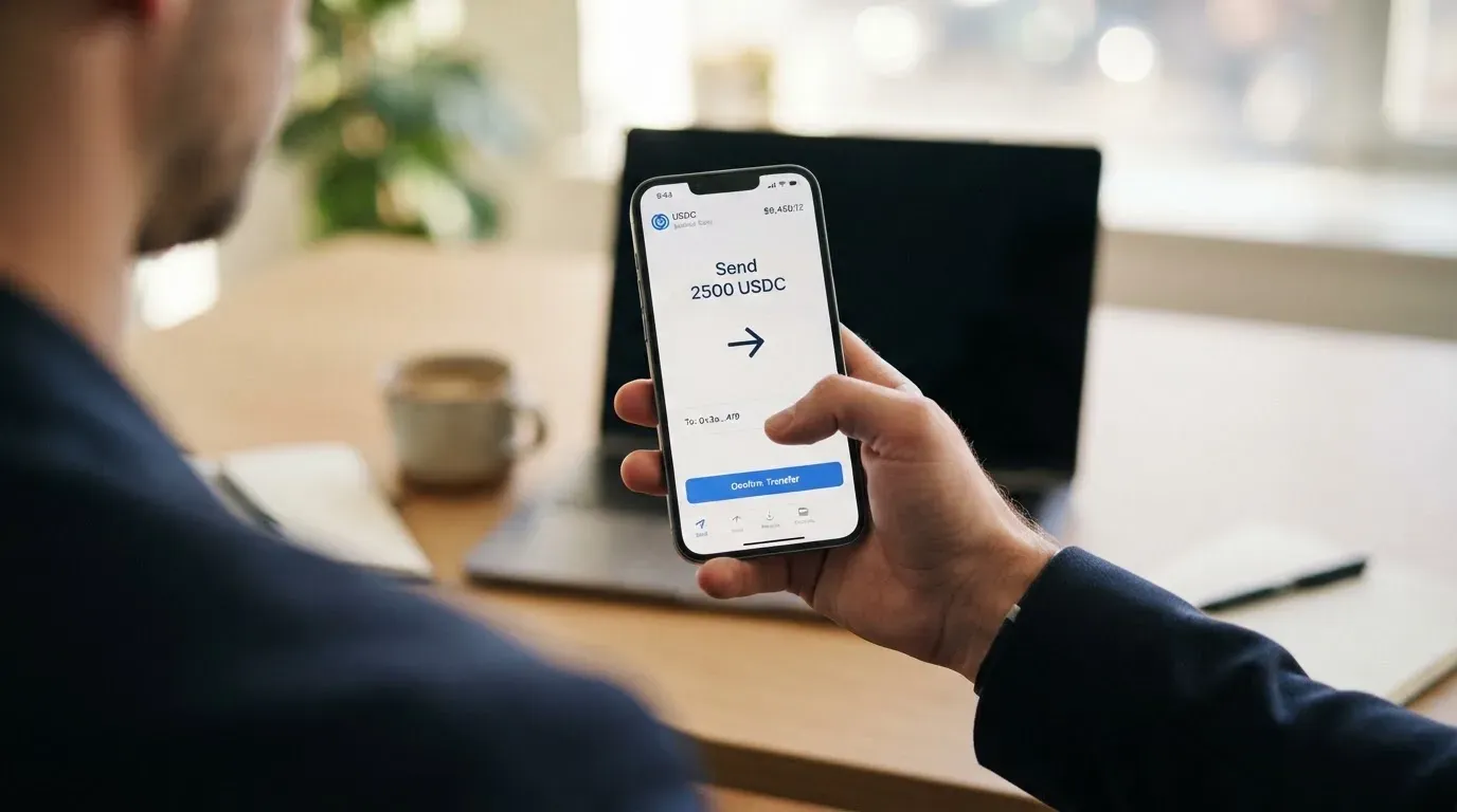 A phone showing a stablecoin transfer screen