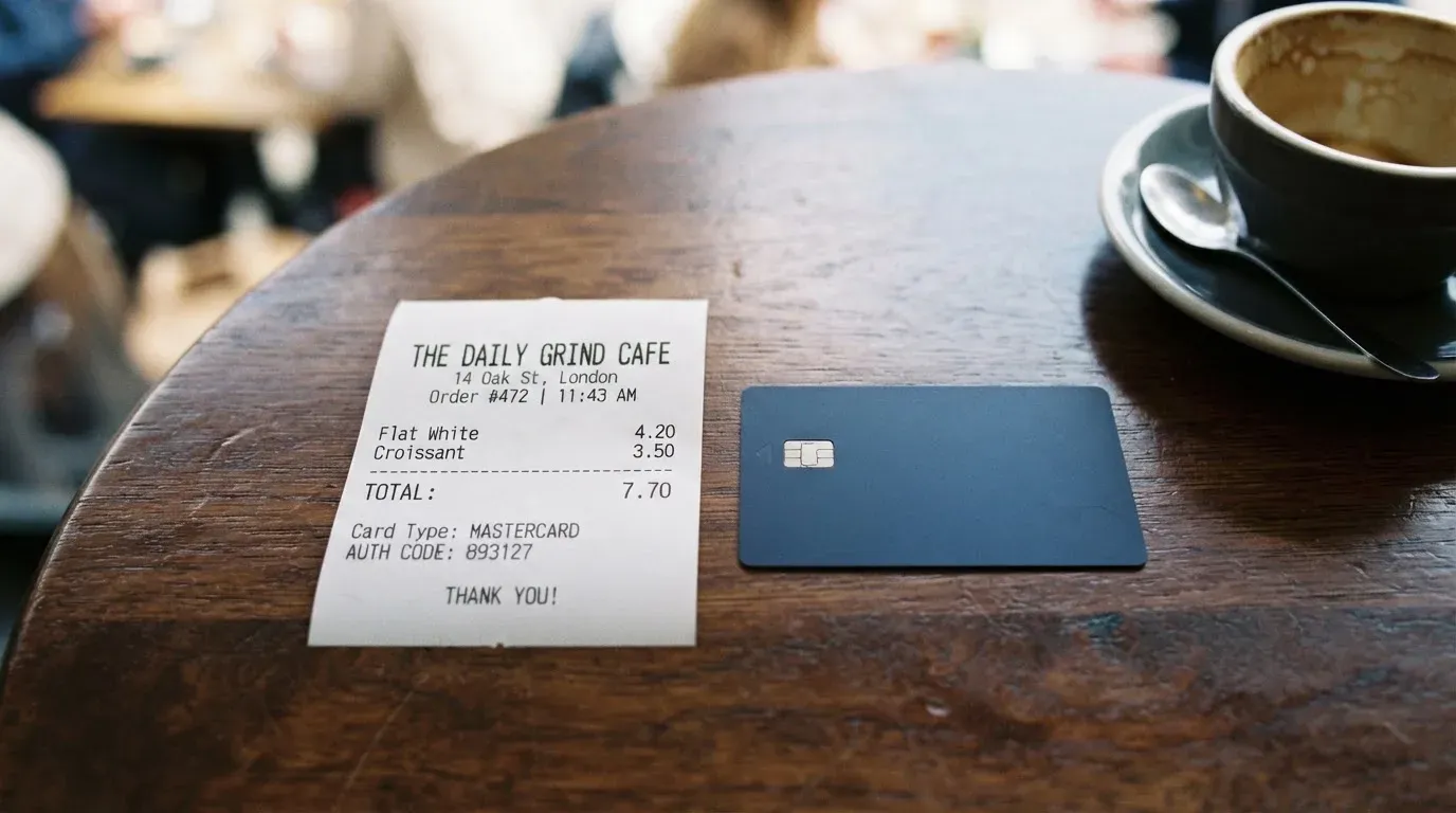 A receipt and a card on a café table