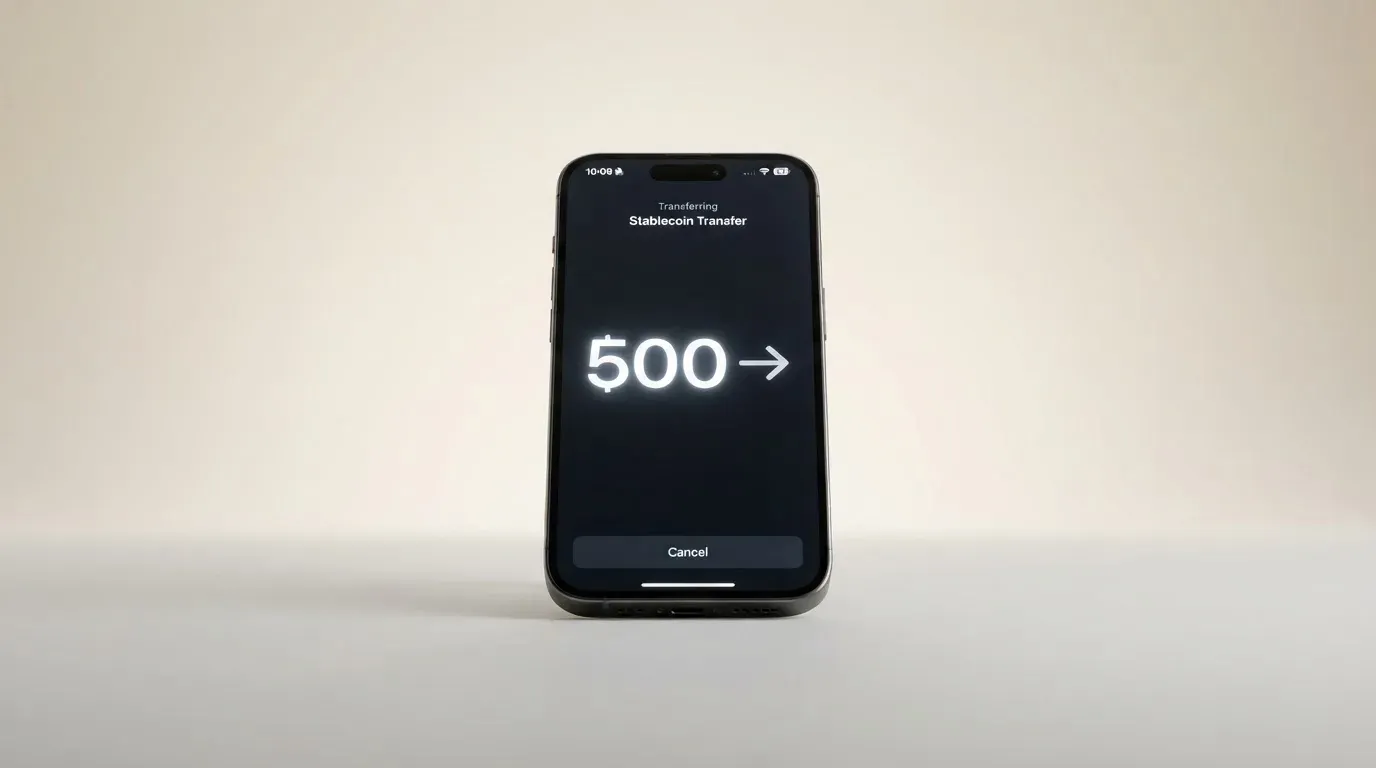 A phone showing a stablecoin transfer screen