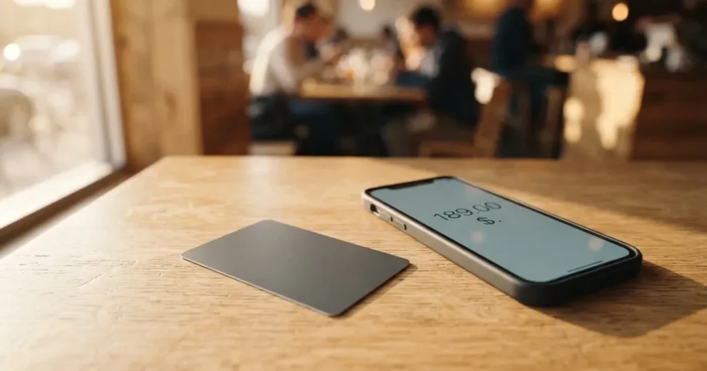 A payment card next to a phone with a crypto wallet app open
