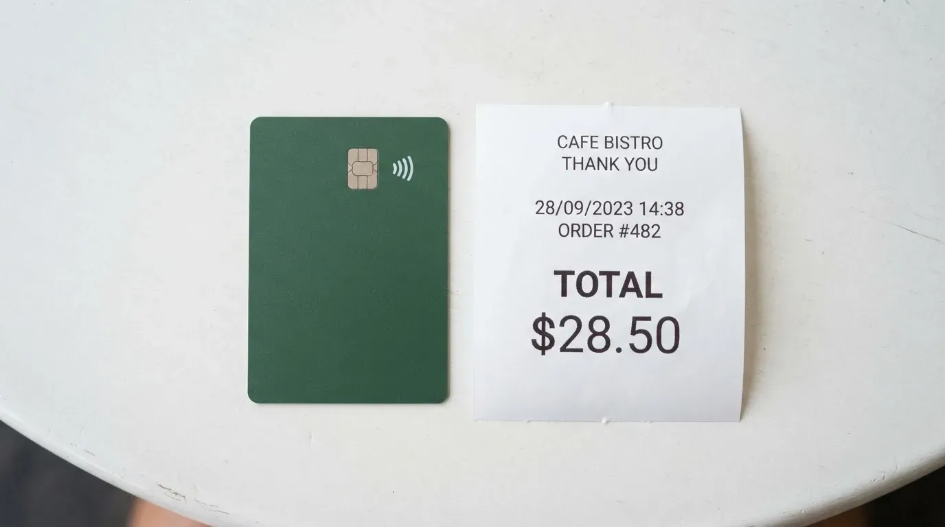 A receipt and a card on a café table