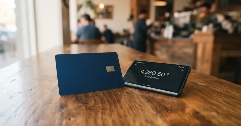 A payment card next to a phone with a crypto wallet app open