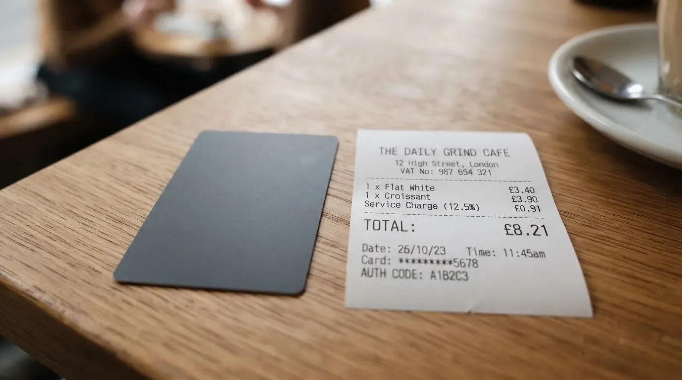 A receipt and a card on a café table