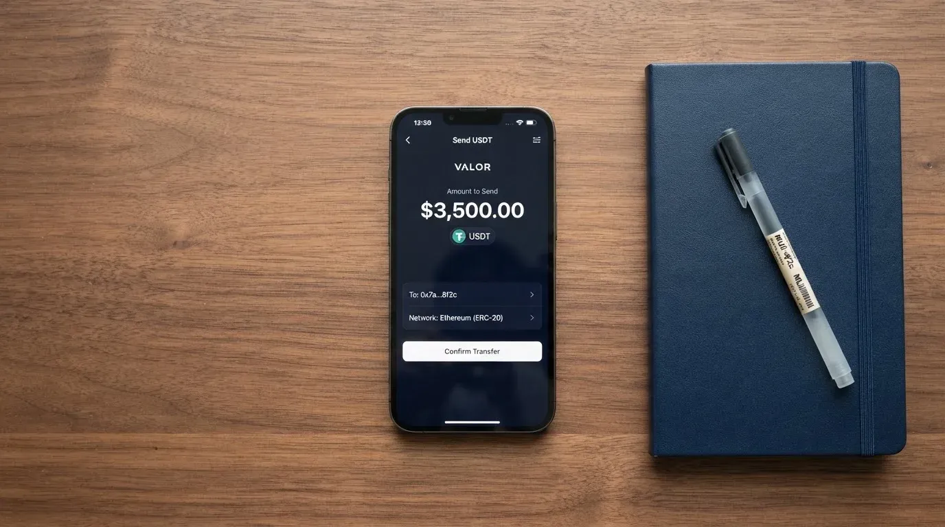 A phone showing a stablecoin transfer screen