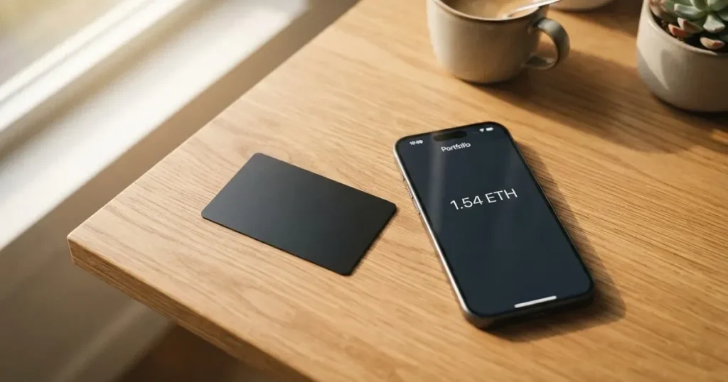 A payment card next to a phone with a crypto wallet app open